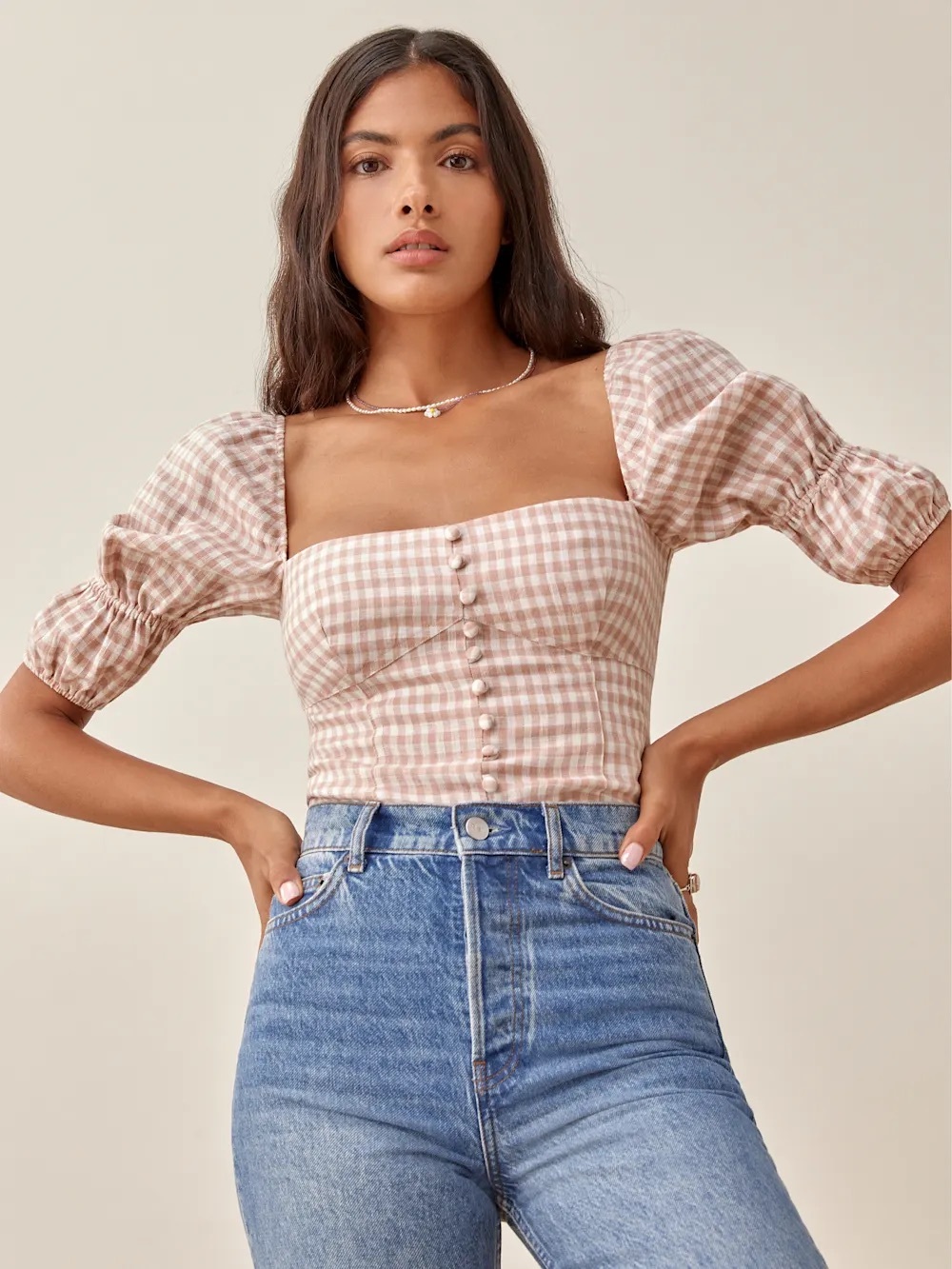 Reformation Norton Linen Top Blush Check